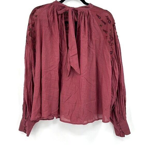 Free People Womens Red Long Puff Sleeve Beaded Embroidered Blouse Small - Picture 4 of 15